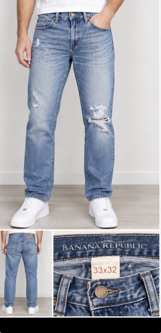 Banana Republic Mens Jeans 33x32 Blue Distressed Straight Denim Light Wash